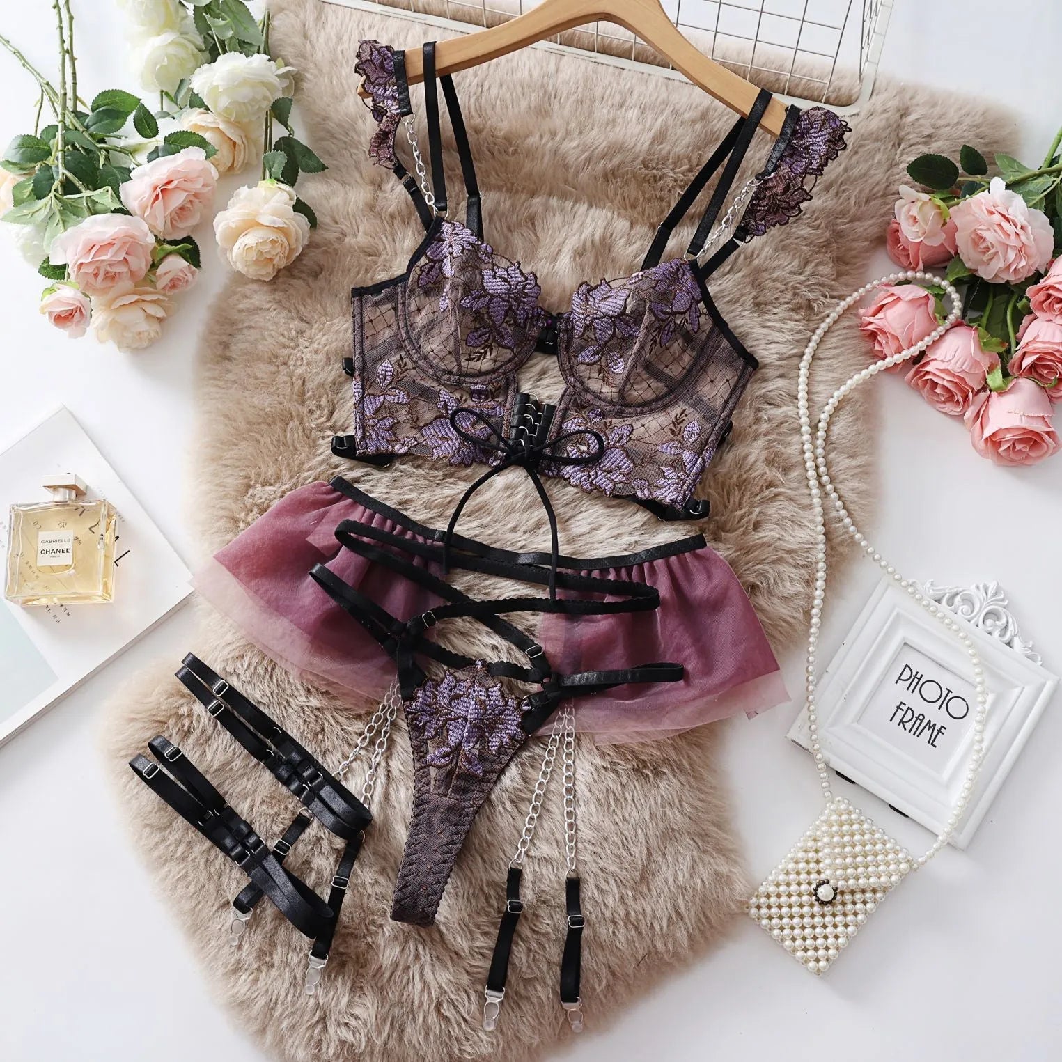 Light blue embroidered mesh lace push up bra set with matching pants