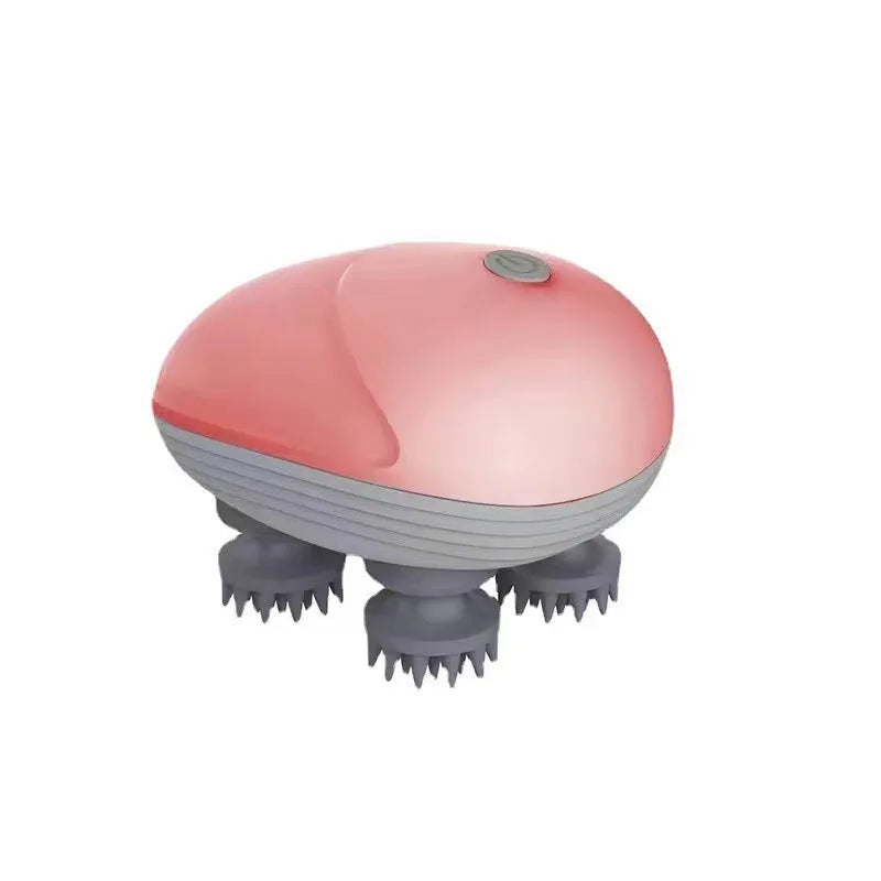 Blue handheld electric pet massager with four rotating heads for cats and dogs on a grey background.