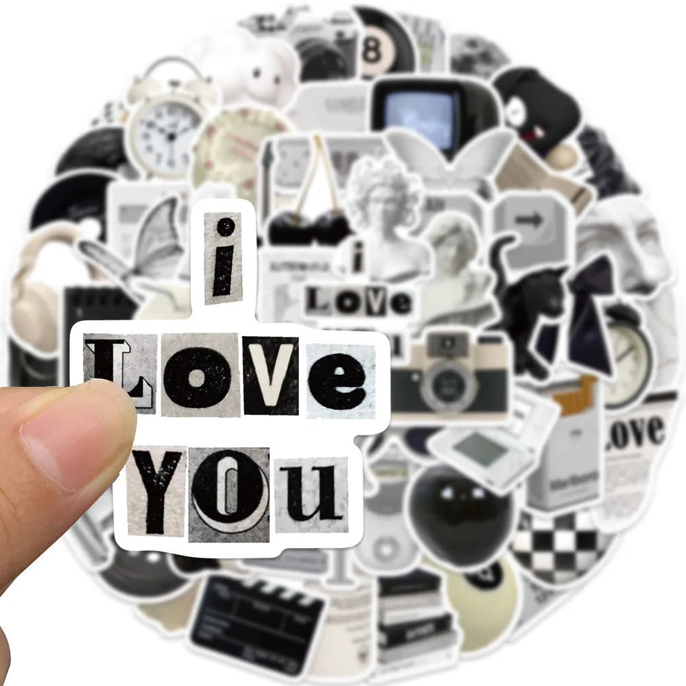 Set of 61 black and white simple style PVC waterproof vinyl stickers for laptops, cups, phones and guitars.