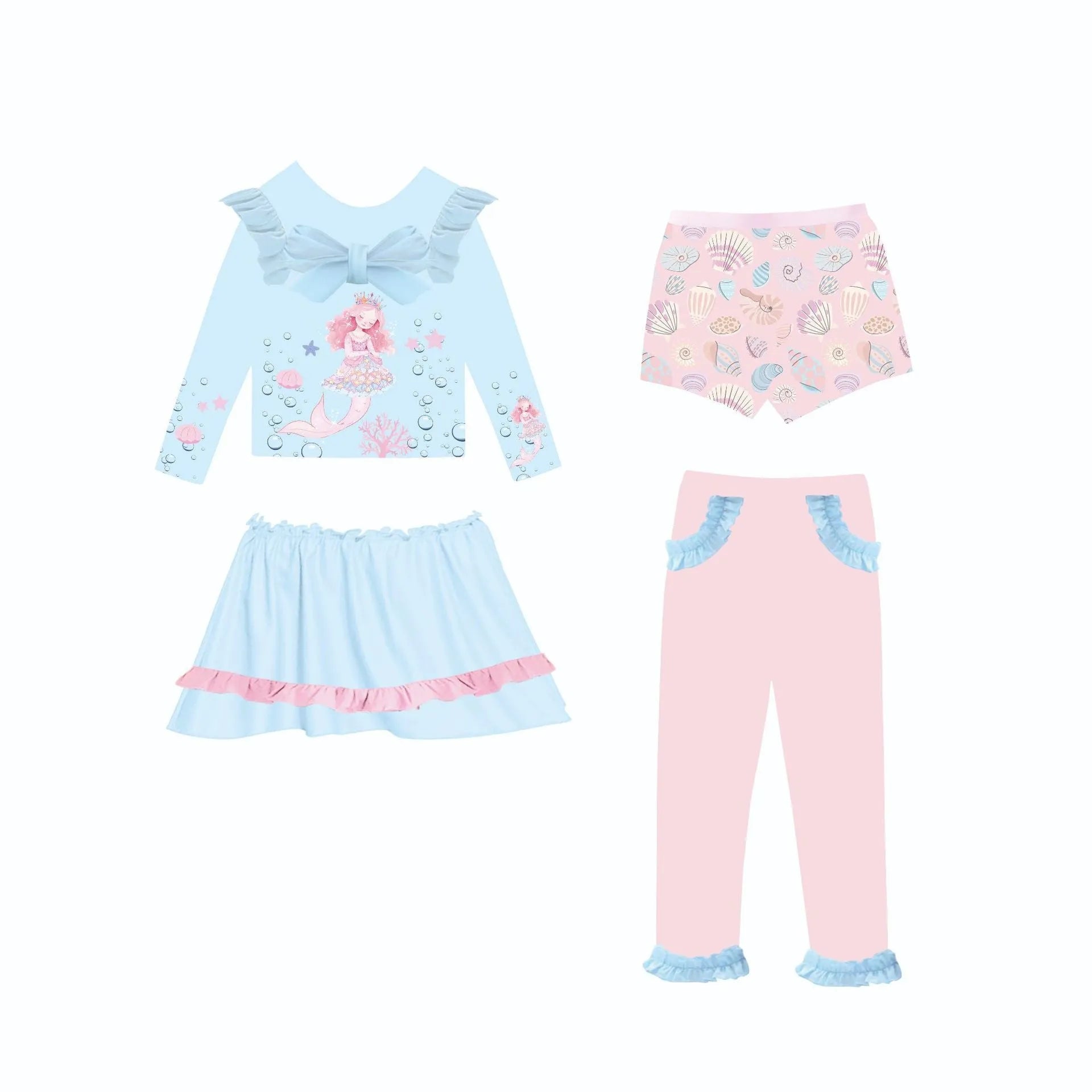 Girl's four-piece gilded mermaid swimsuit set in Baby's Ocean colour.