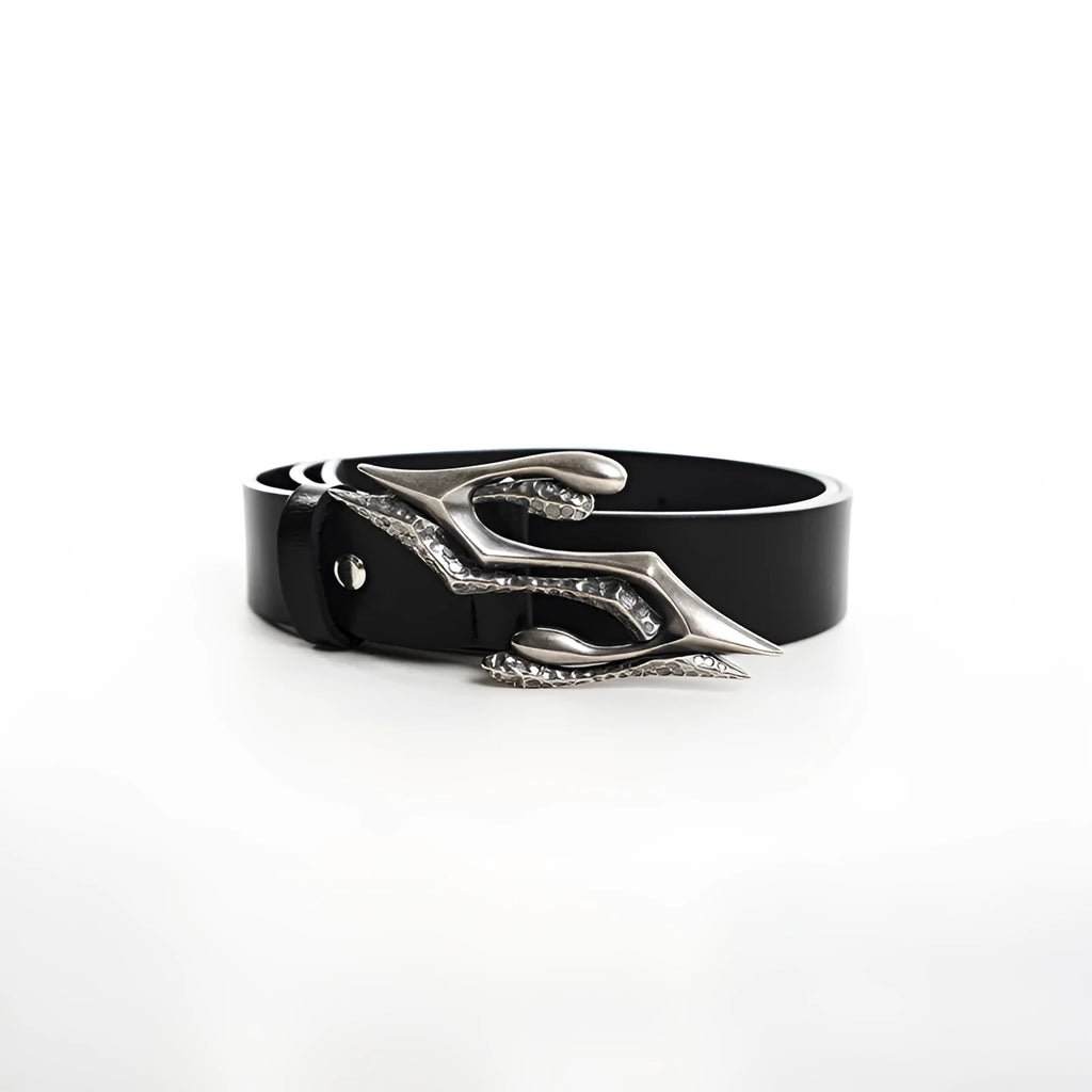Black two-layer cowhide men's leather belt with metal letter buckle showing 110cm length