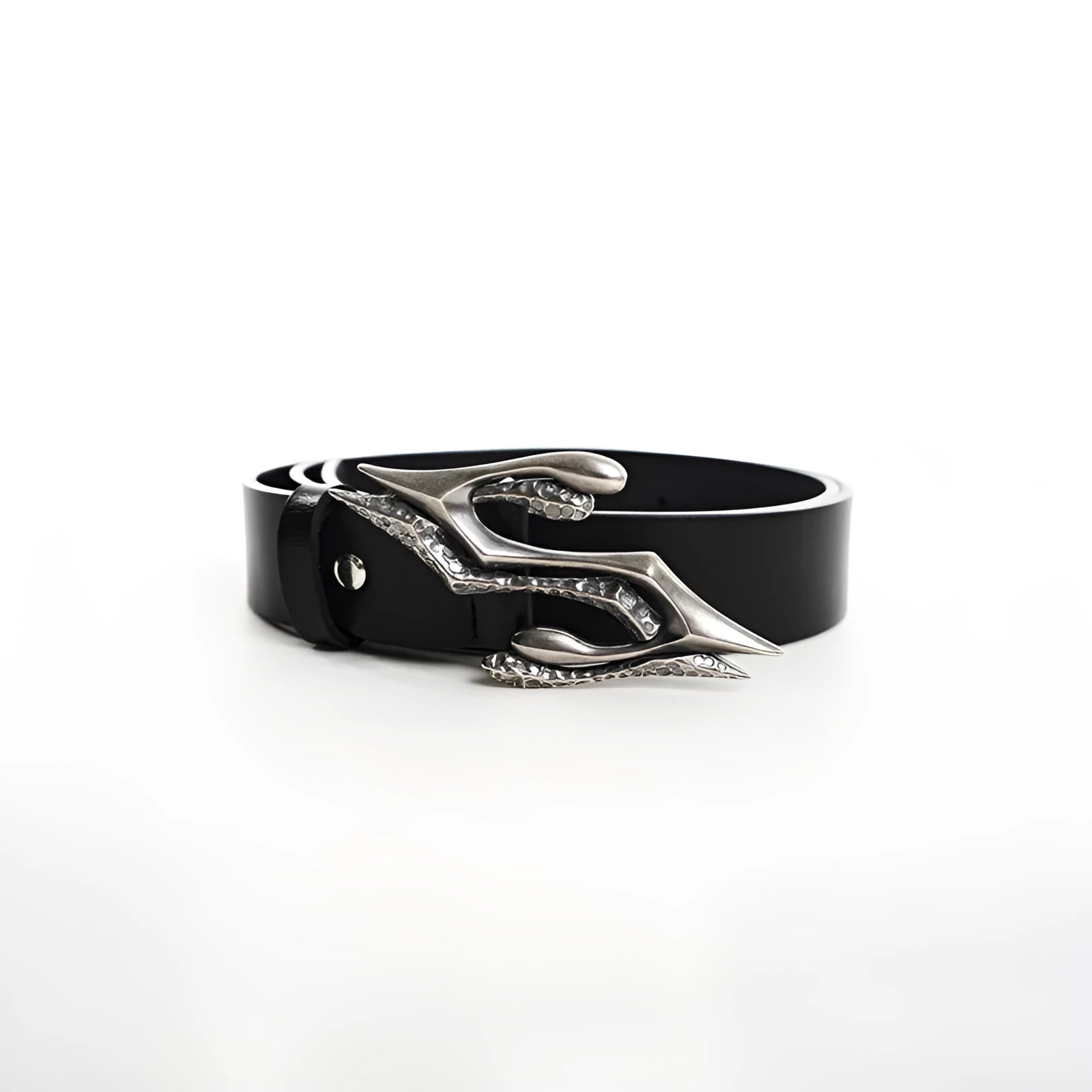 Black two-layer cowhide men's leather belt with metal letter buckle showing 110cm length