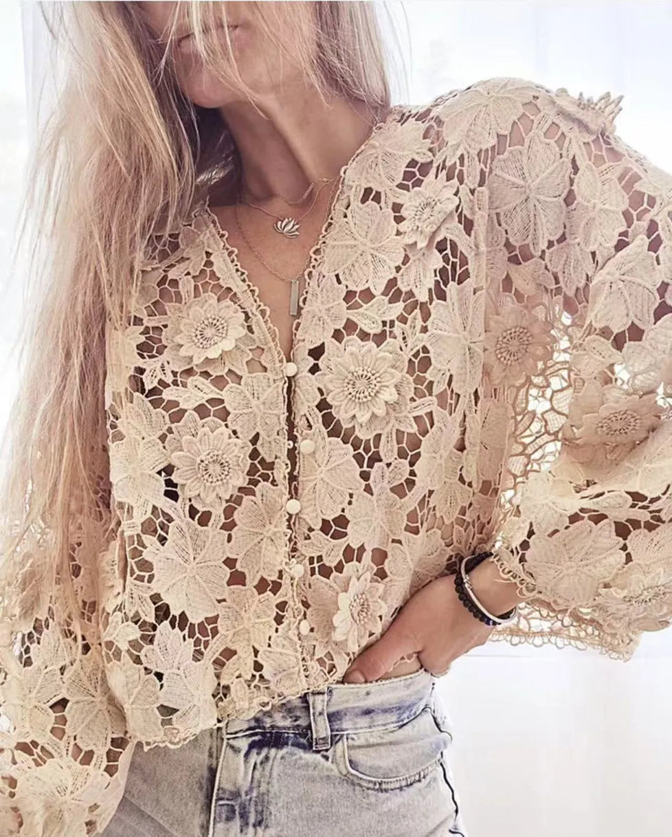 Loose V-neck cardigan with hollow lace sleeves and three-dimensional floral lace decoration in black