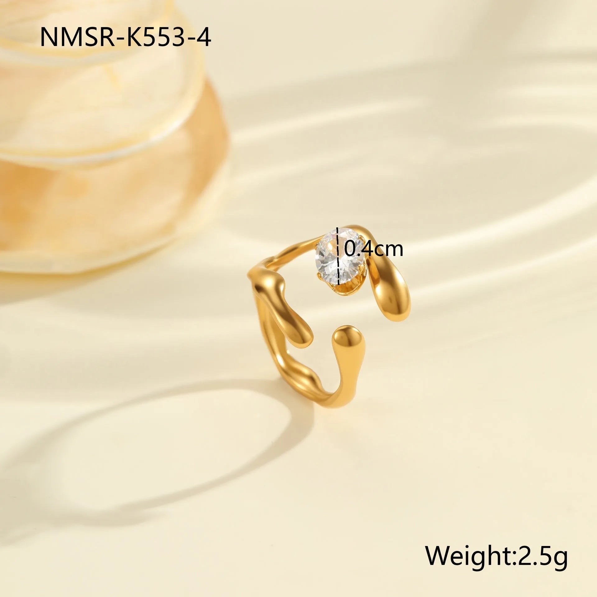 Geometric stainless steel zircon ring with open mouth design showing round, oval and quadrangle elements