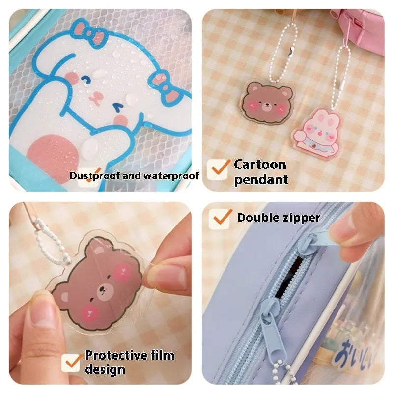 Transparent PVC pencil case with South Korea style cartoon design and large capacity for stationery
