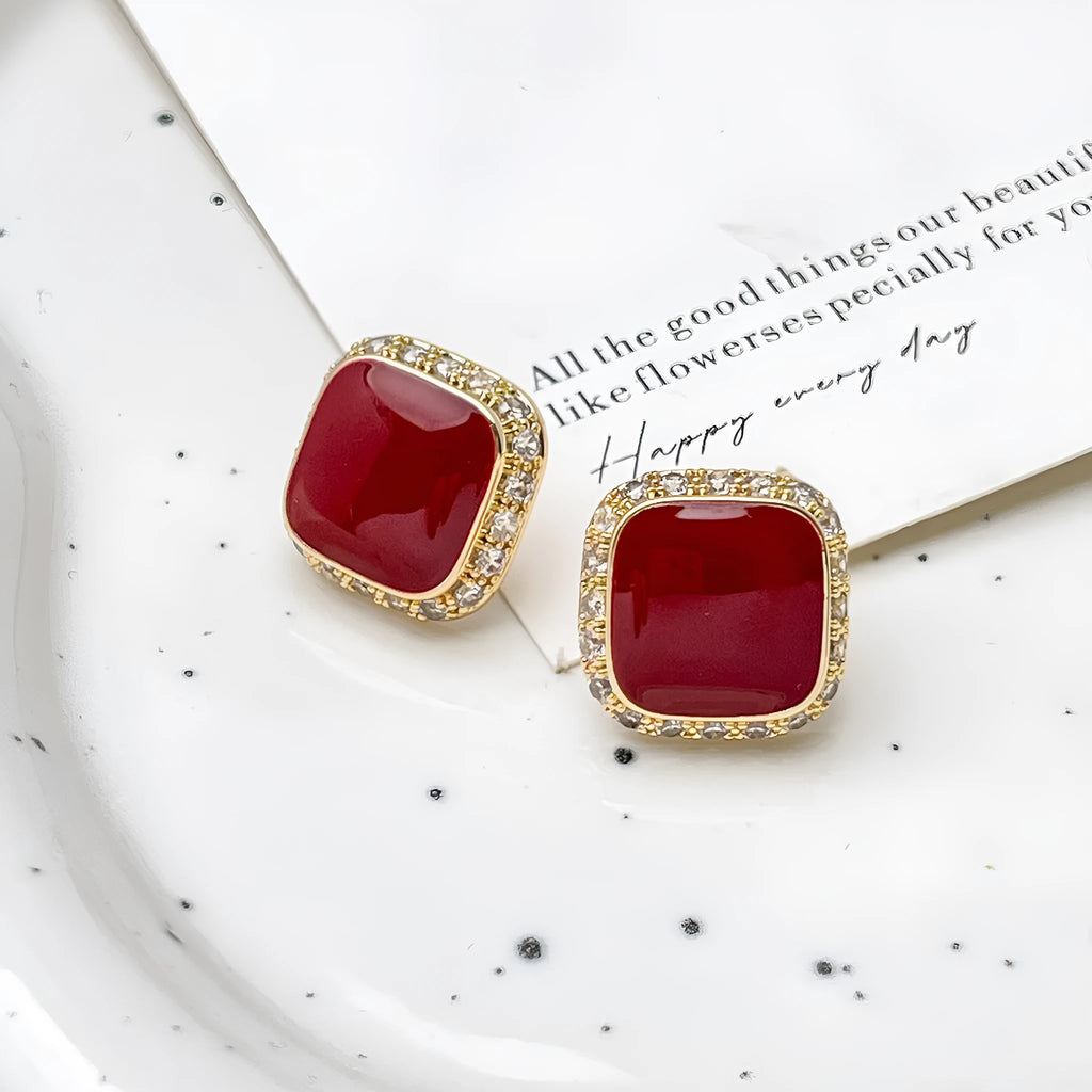 Red square alloy earrings with geometric design and inlaid detailing for women