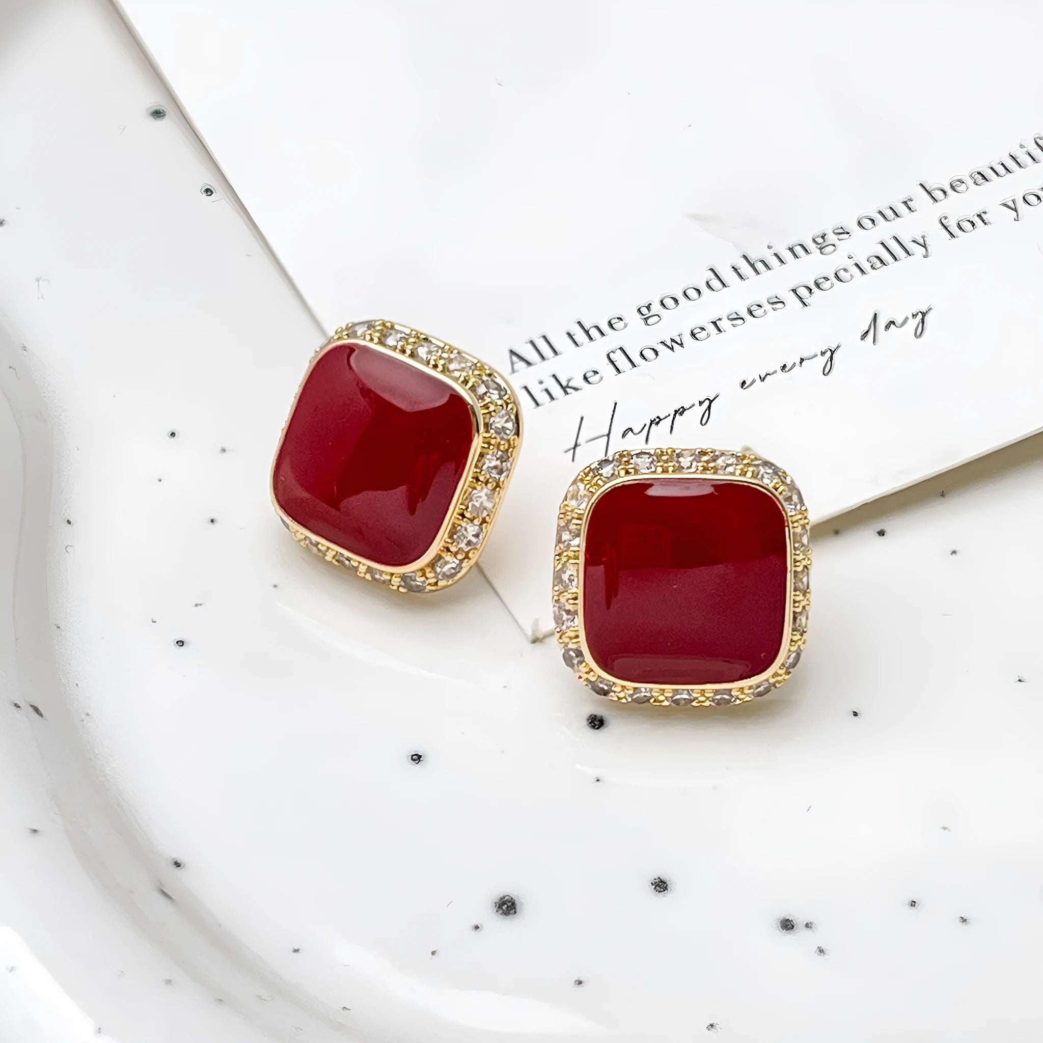Red square alloy earrings with geometric design and inlaid detailing for women