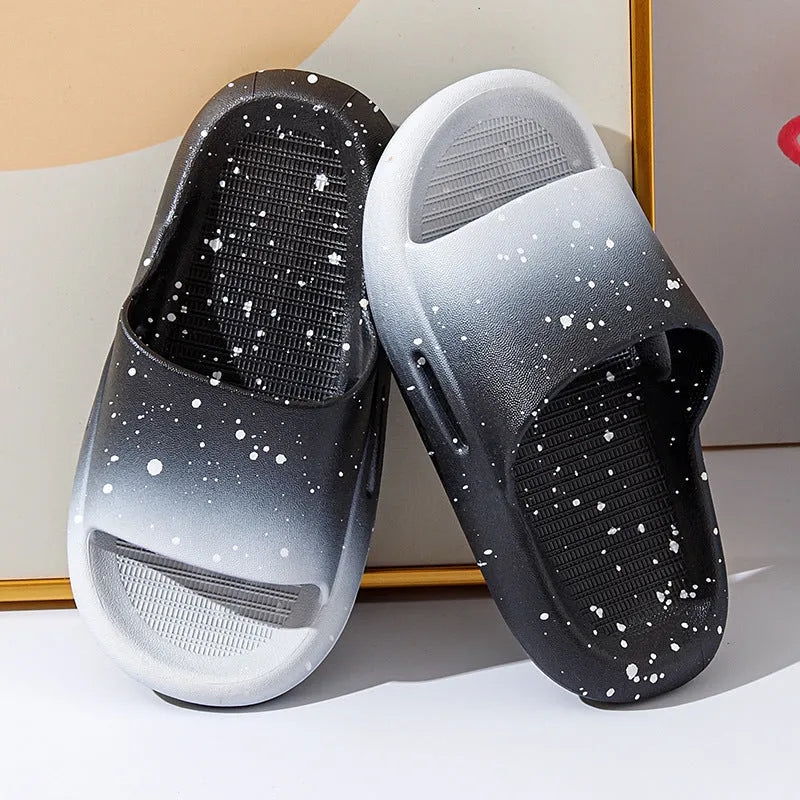 Gradient coloured children's PVC summer slippers with non-slip soles in blue, yellow, green, orange, pink, or black.