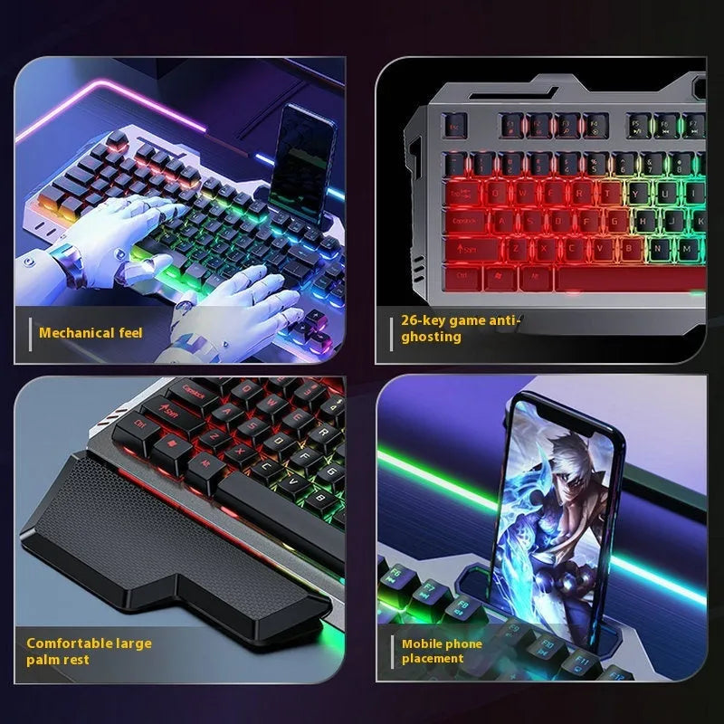 Aluminium gaming keyboard with volume knob, shown in metal grey with RGB lighting alongside optional macro mouse and headset.