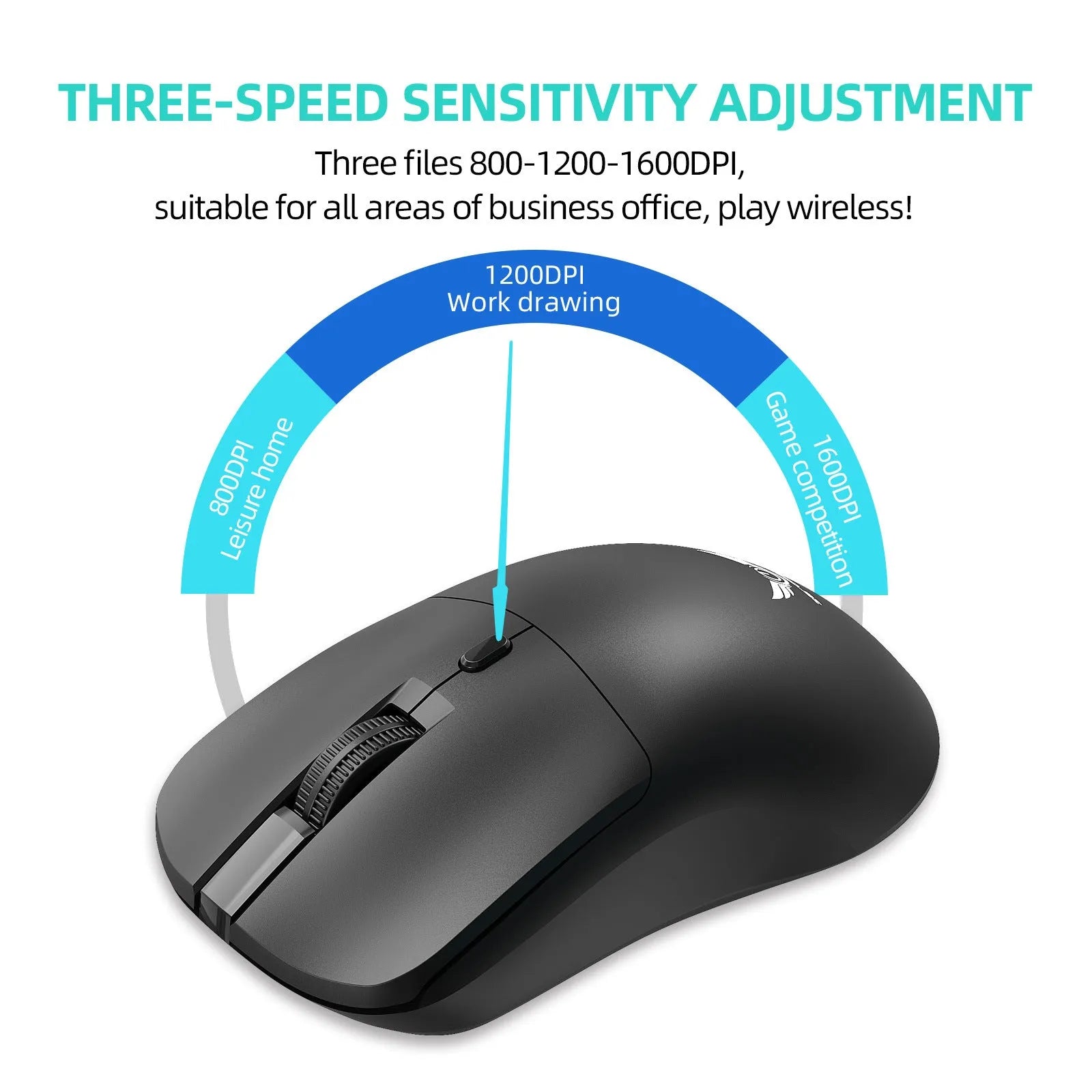 Black wireless optical mouse with audio control buttons and DPI adjustment for laptop computers