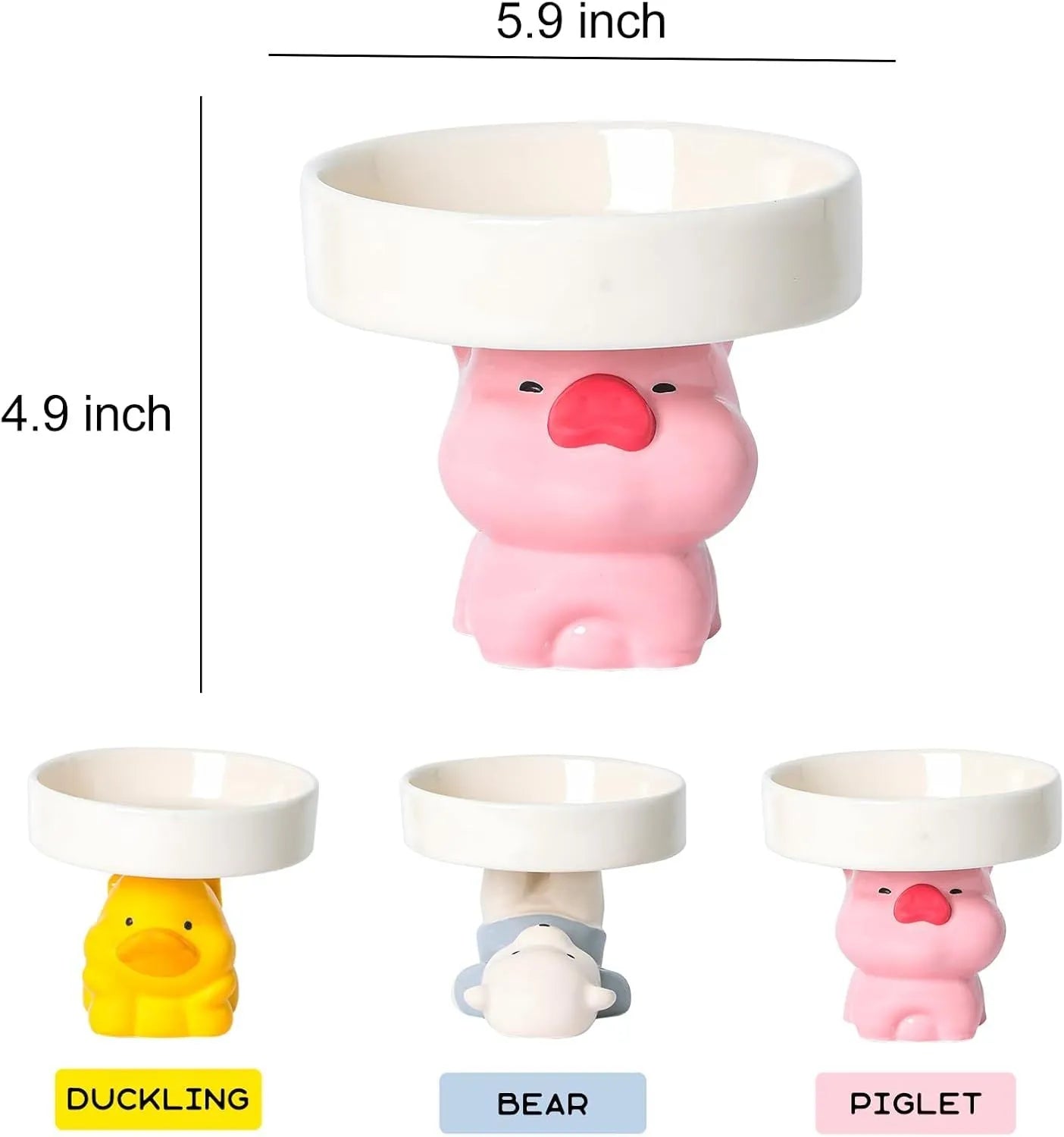 Raised ceramic cat food bowl in animal design, showing elevated height and wide bowl.