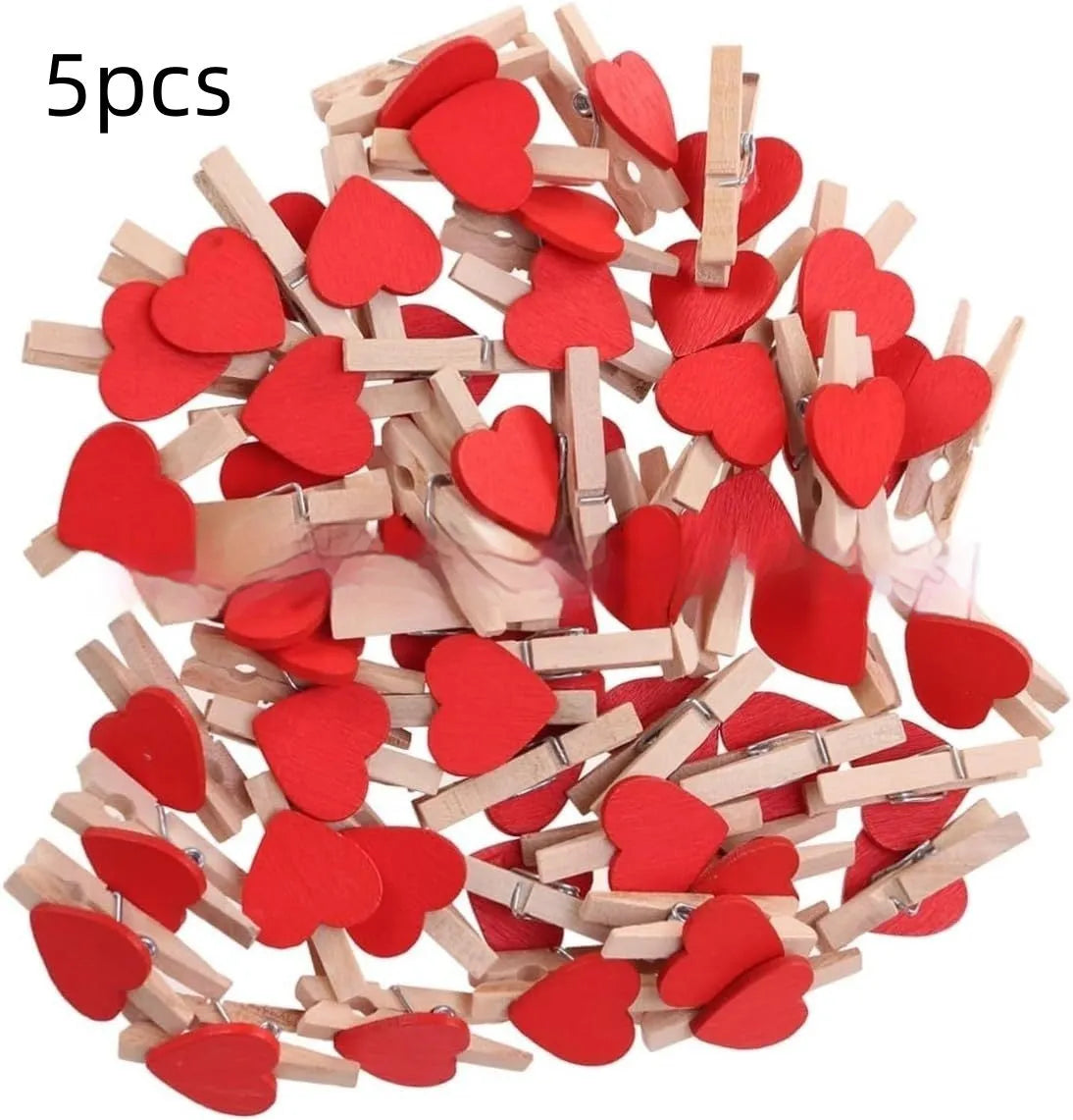 Set of five handmade solid wood heart-shaped clips in red, white, yellow, pink, and rose red.