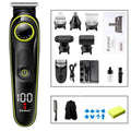 Black KM-696 rechargeable electric hair clipper set with stainless steel blades and accessories on a white background.