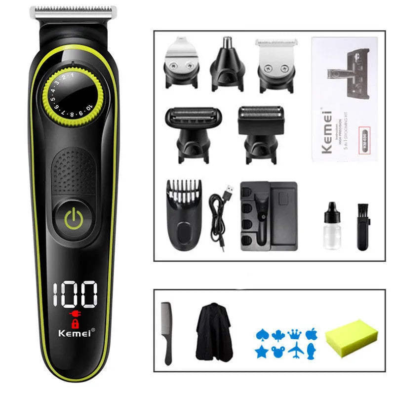 Black KM-696 rechargeable electric hair clipper set with stainless steel blades and accessories on a white background.