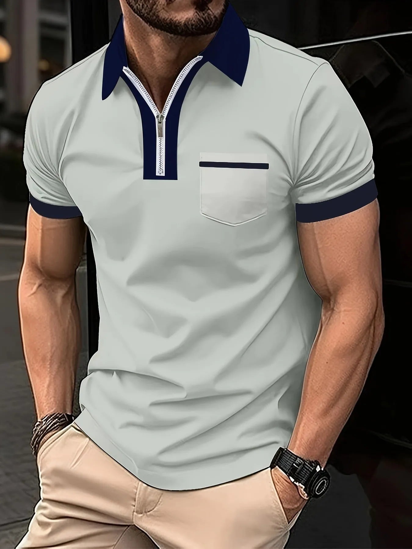 Men's loose fit casual short sleeve shirt with chest pocket and zipper decoration