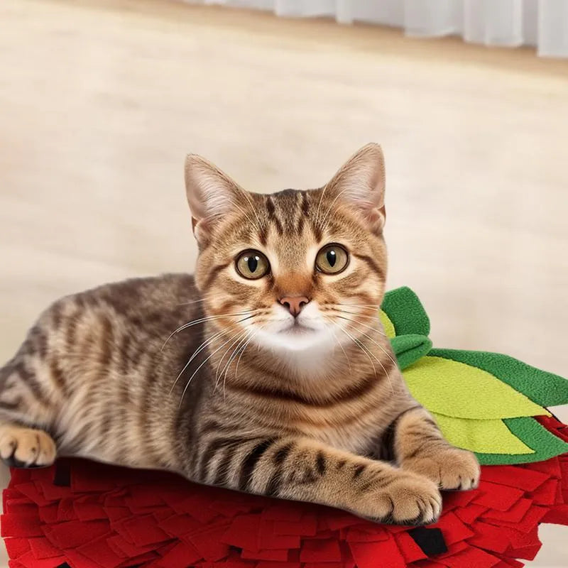 Red and green strawberry-shaped pet slow feeder mat with hiding spots for interactive feeding