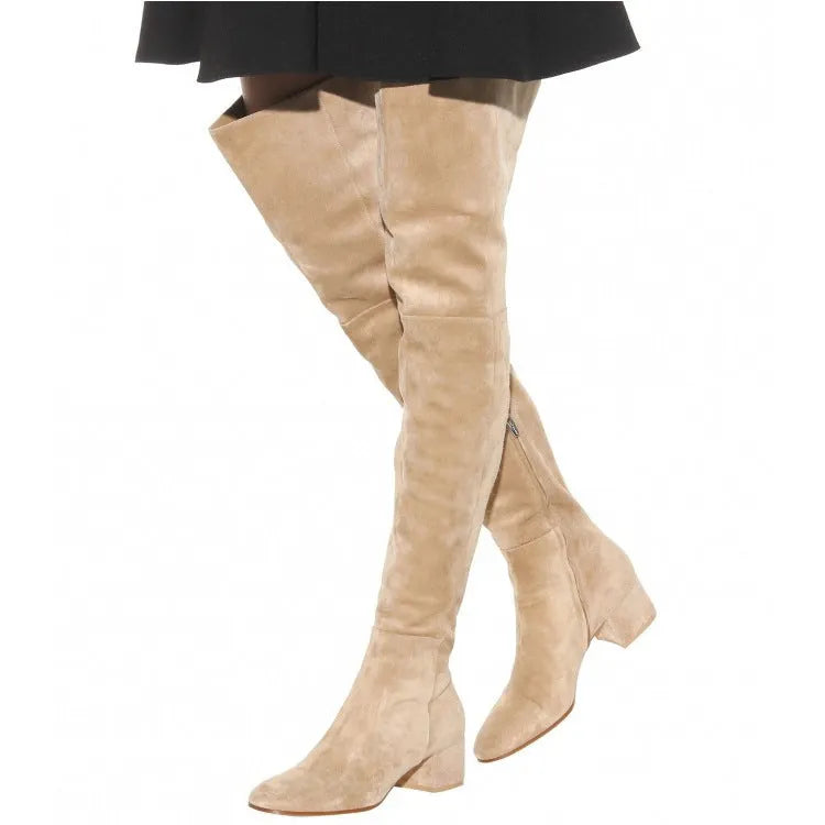 Grey suede women's flat over-the-knee boots with pointed toe and thick rubber sole