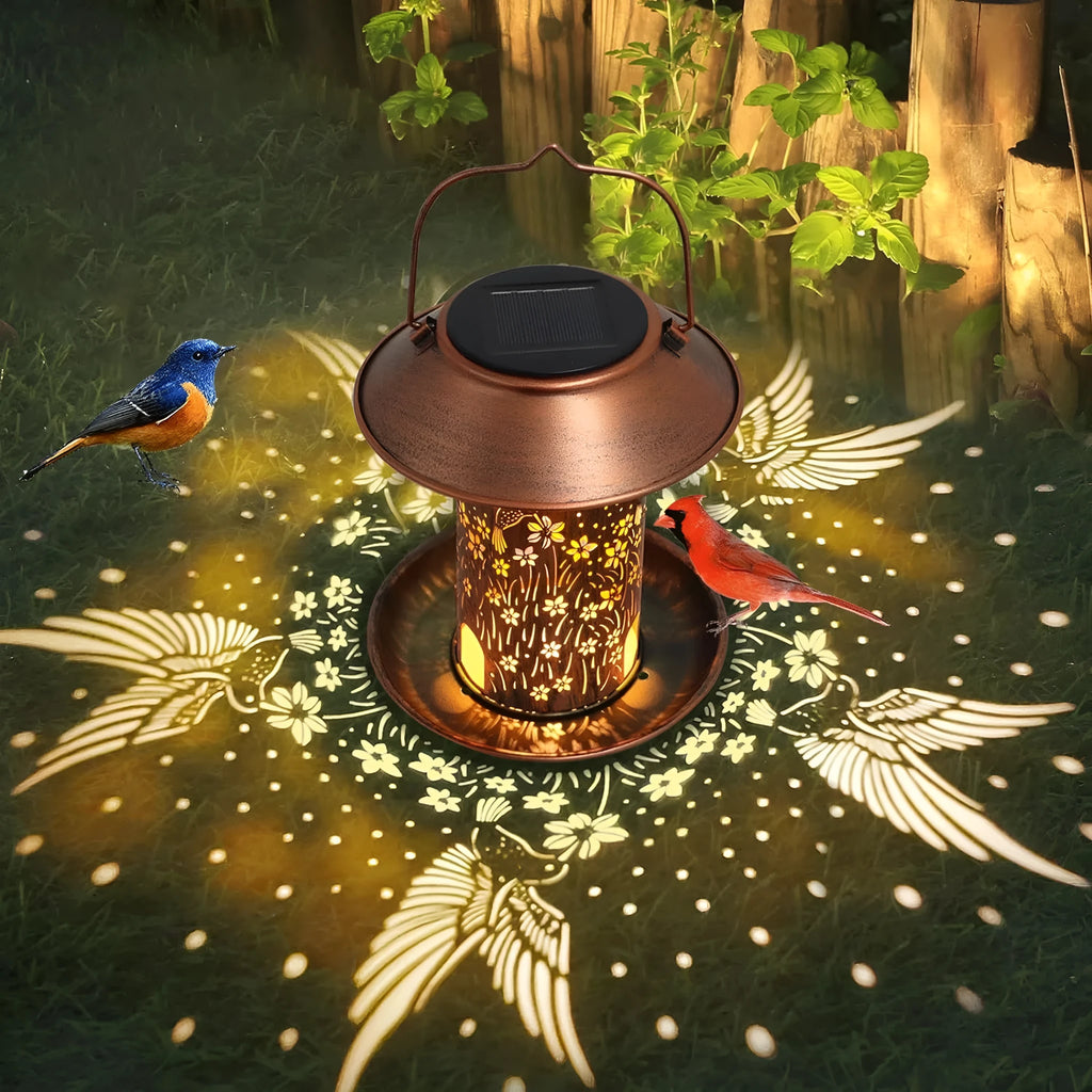 Solar-powered hummingbird-shaped bird feeder with integrated LED lighting for outdoor garden use