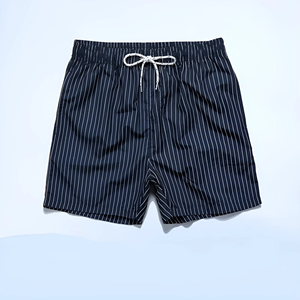 Polyester striped beach shorts with straight leg opening in navy blue, grey, khaki, or light blue colour options