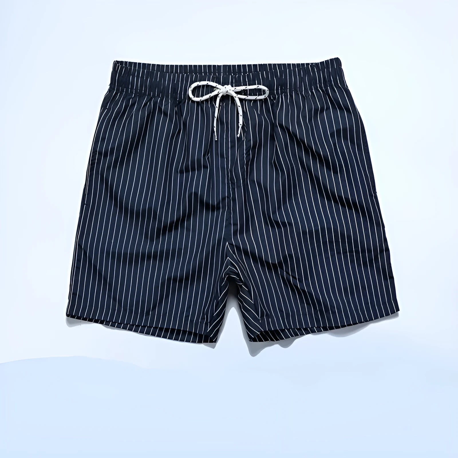 Polyester striped beach shorts with straight leg opening in navy blue, grey, khaki, or light blue colour options