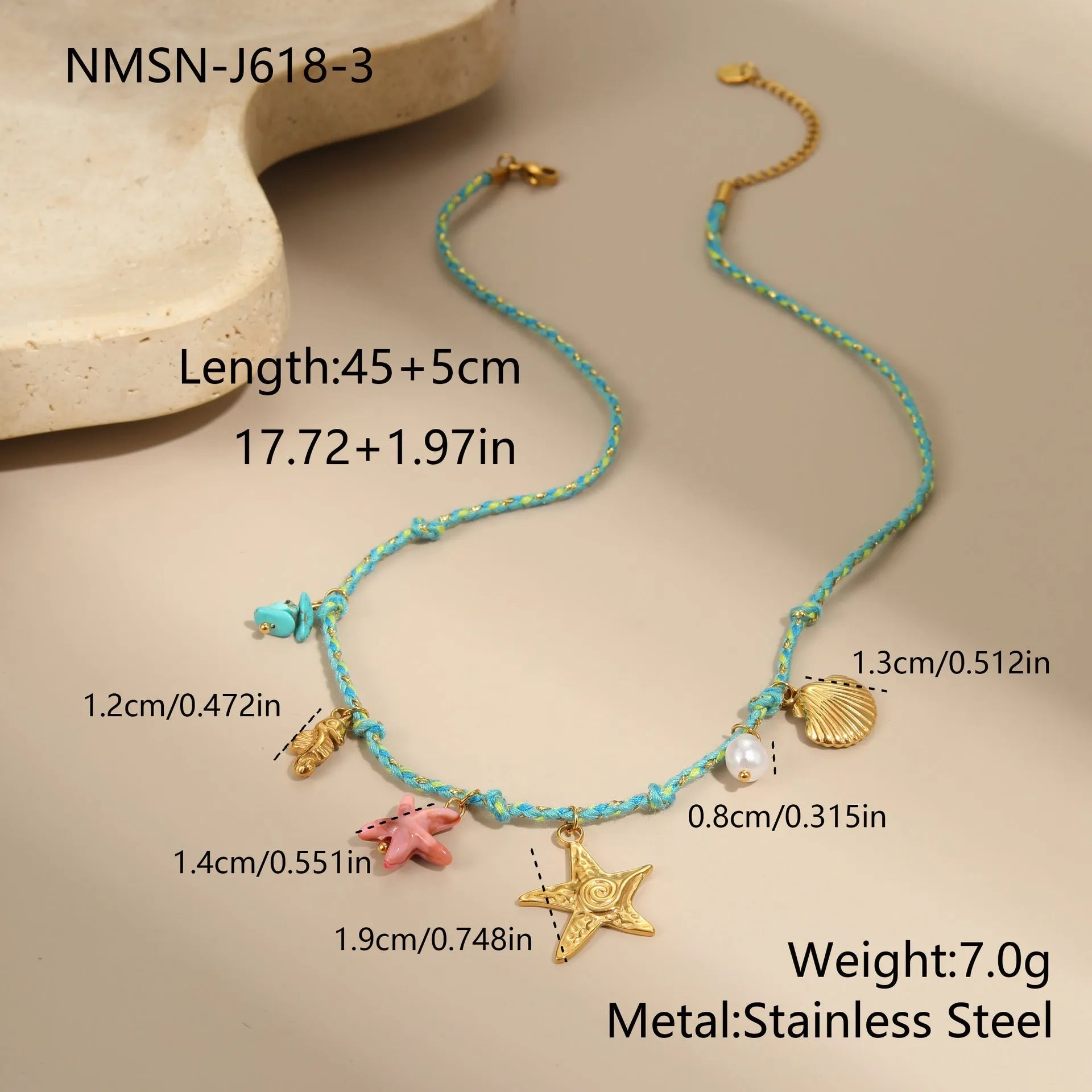 Handmade braided rope necklace or bracelet with stainless steel chain and geometric pendant in 18K titanium steel finish