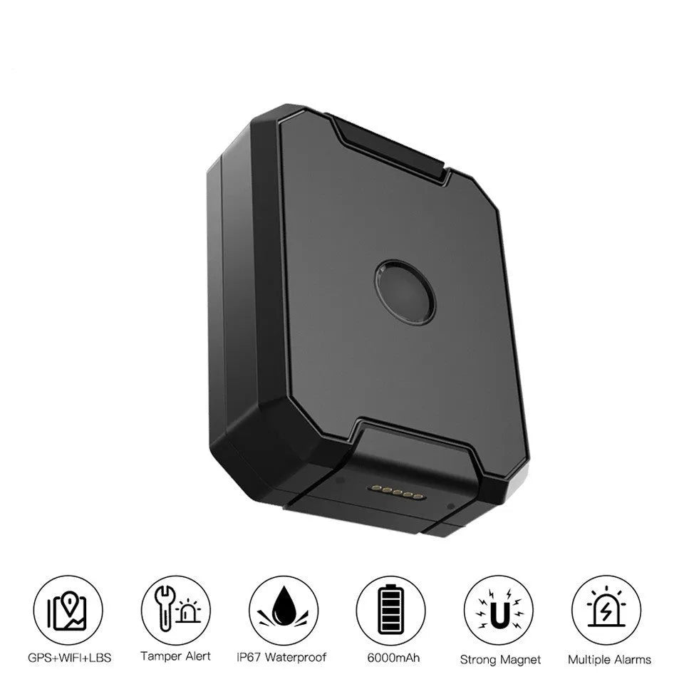 Black GPS car locator with 6000mAh battery showing IP65 waterproof rating and ceramic antenna