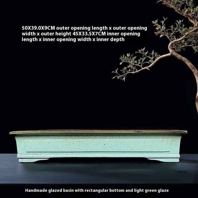 Handmade retro green ceramic bonsai pot with purple sand crackled glaze finish