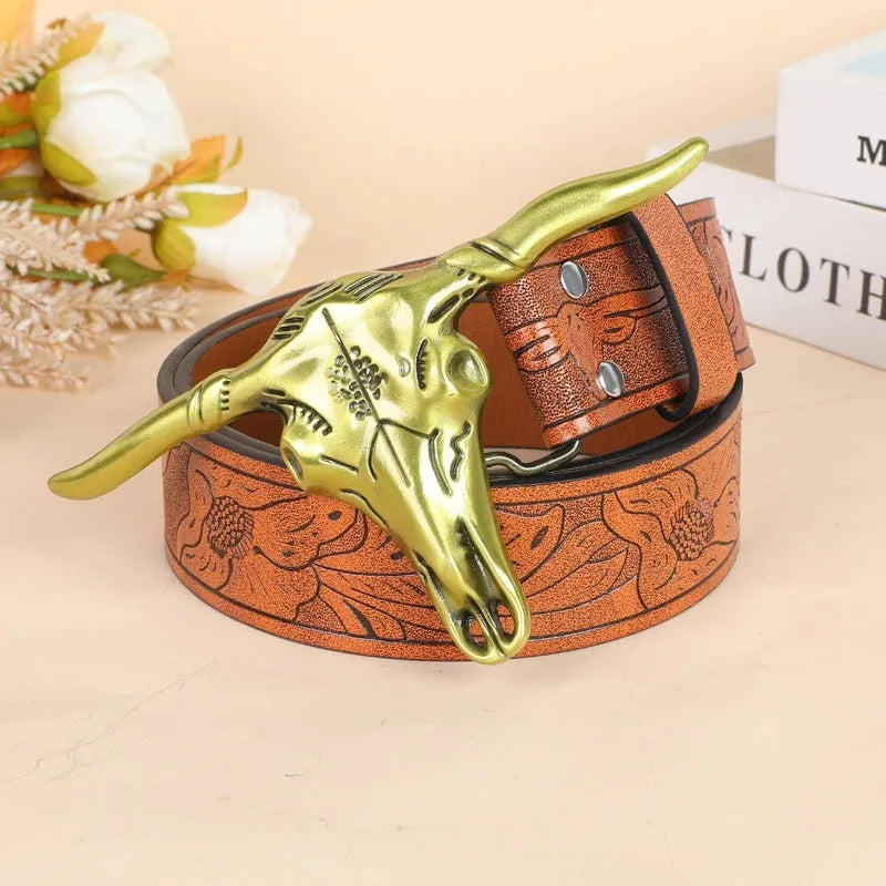 Men's black cow head buckle belt with detailed alloy casting on an imitation leather strap.