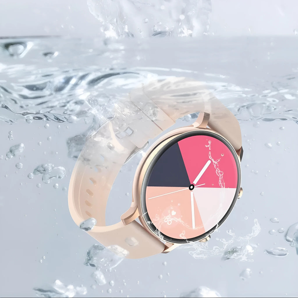 Black Bluetooth smartwatch with stainless steel strap on a wrist, displaying heart rate data on screen.