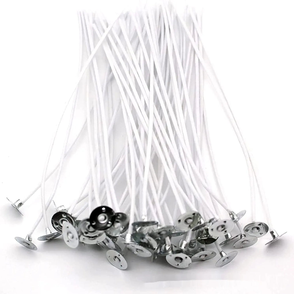 White cotton candle wicks for DIY candle making in lengths 2.6cm, 6cm, and 8cm.