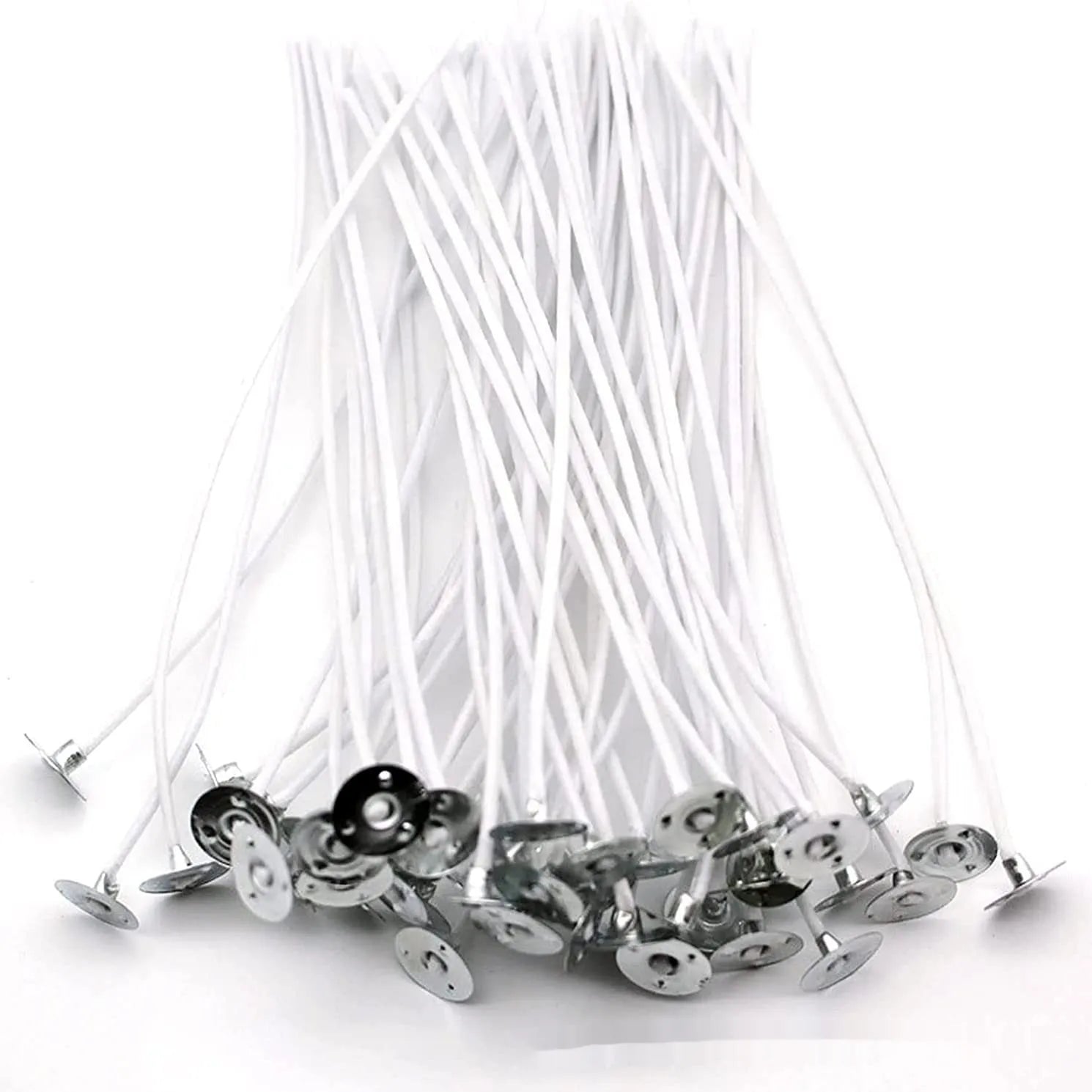 White cotton candle wicks for DIY candle making in lengths 2.6cm, 6cm, and 8cm.
