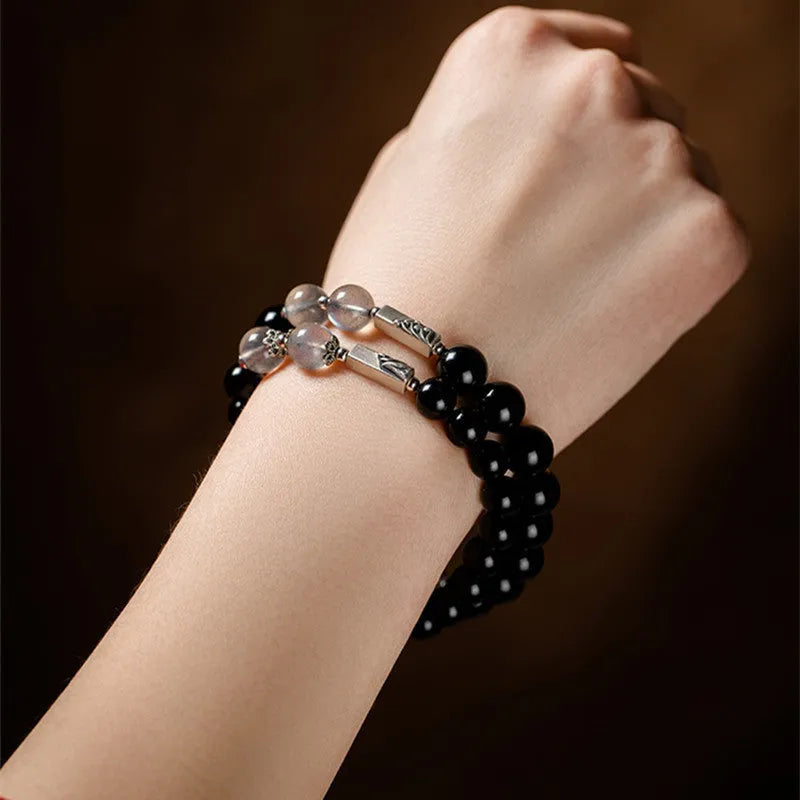 Obsidian Buddha beads DIY couple bracelet kit with 8mm and 10mm national style beads