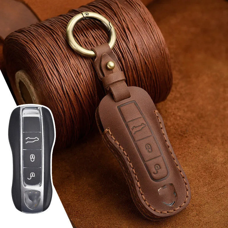 Genuine cowhide leather Porsche key cover with retro bag buckle in blue or brown colour