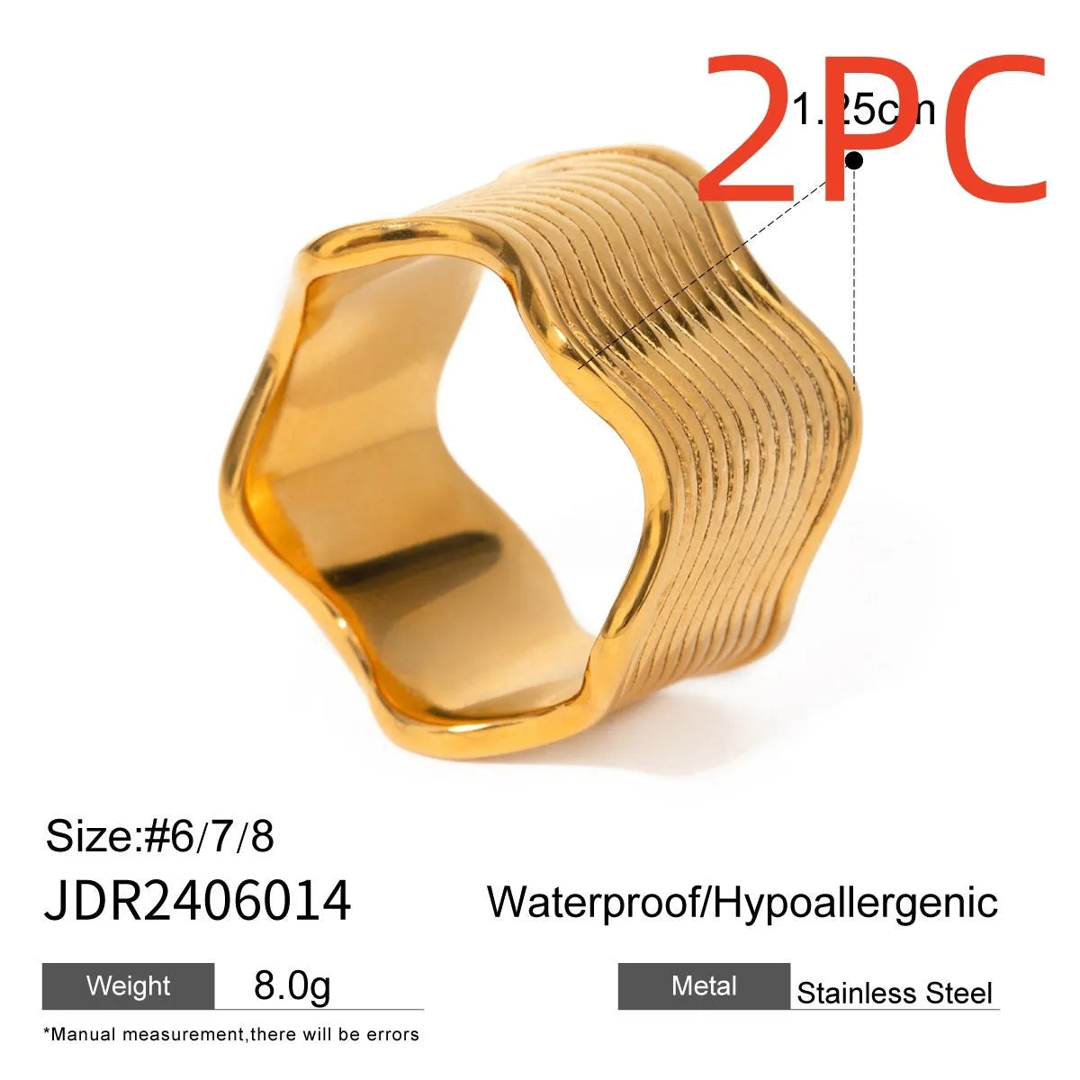A stainless steel women's ring with a wide, geometric wave design in a Korean style.