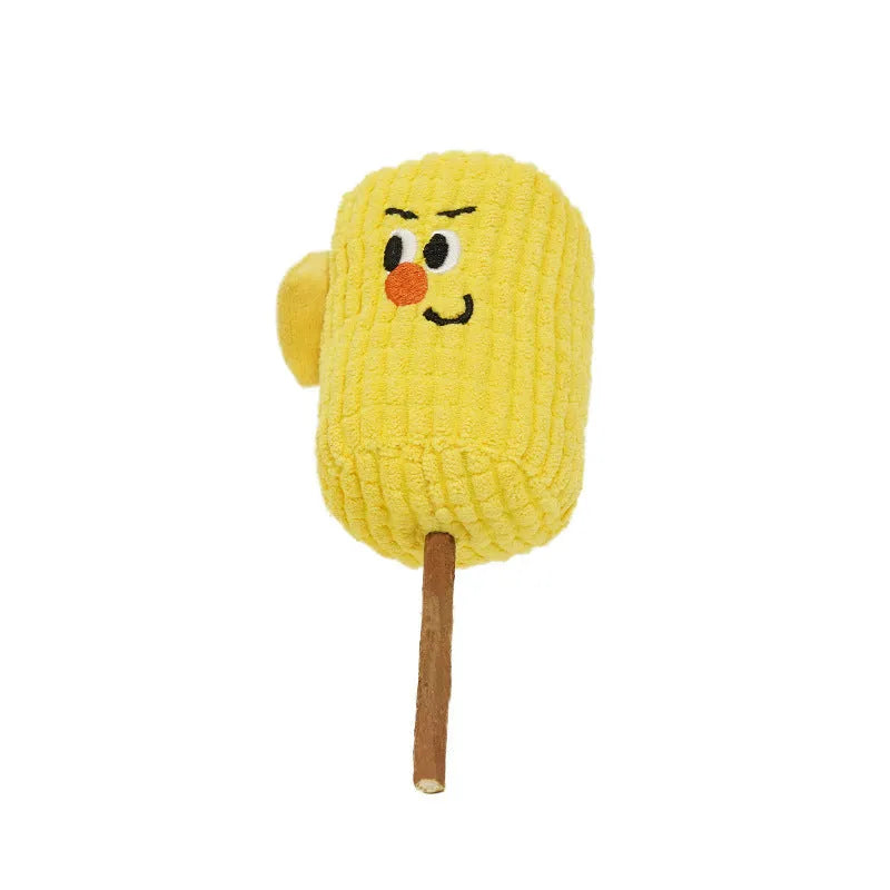 Natural wood corn cob shaped chew toy for cats on a white background.