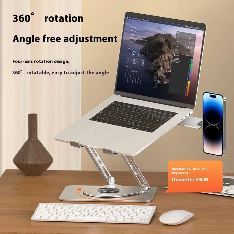 Silver carbon steel laptop stand with side-mounted magnetic phone holder rotated at angle