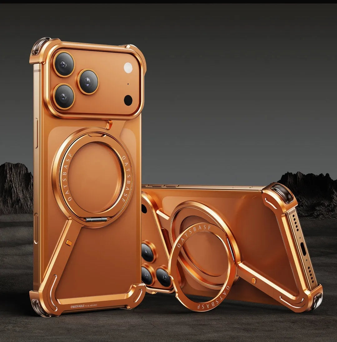 Black metal frame phone case for IPhone17Promax showing invisible magnetic bracket and electroplated finish