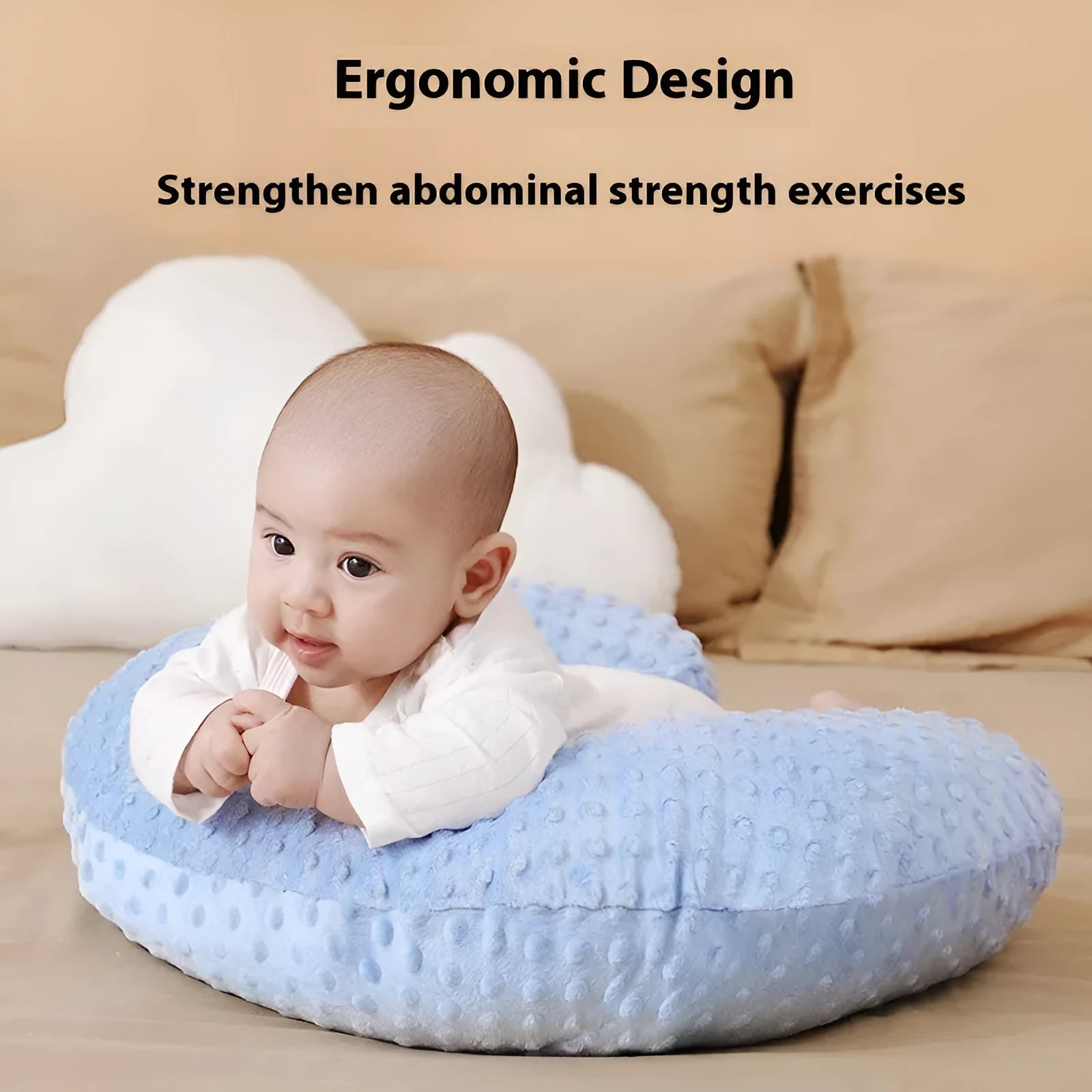 Nursing pillow with milk spill prevention feature in pink, yellow, grey, or light blue colours