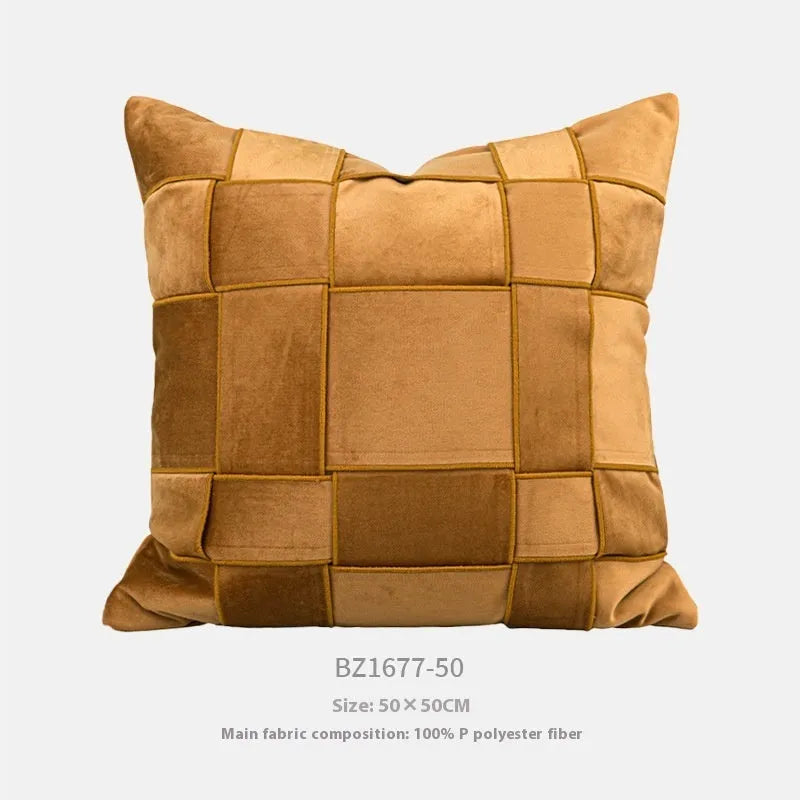 Chenille woven square cushion in beige colour on a sofa, showing its 50x50cm size and textured fabric.