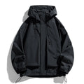 Men's black windproof waterproof hooded jacket in polyester blend fabric