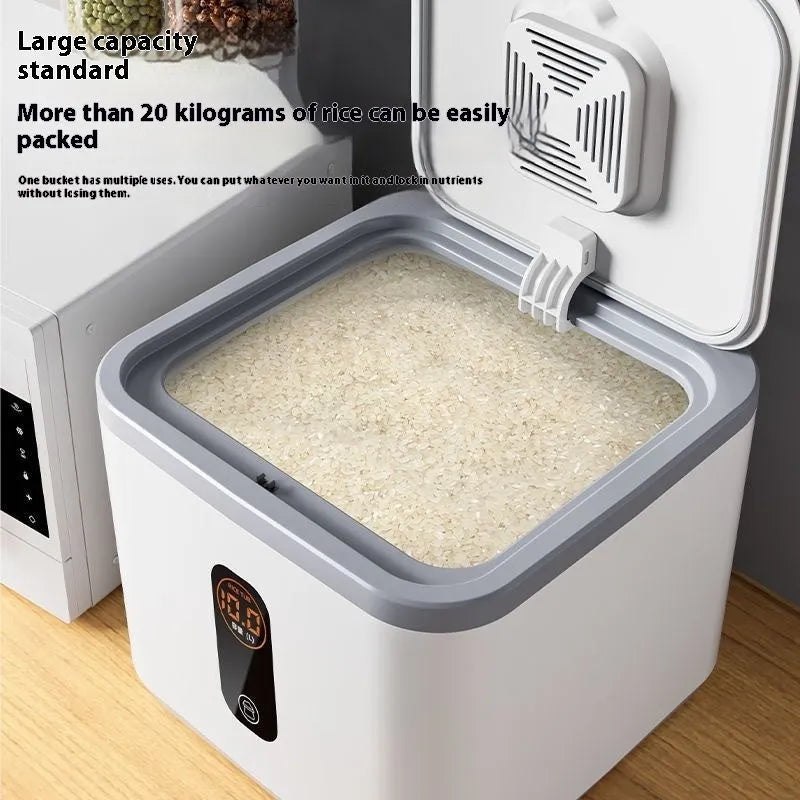 Grey plastic sealed rice storage jar with lid and measuring cup in three size options