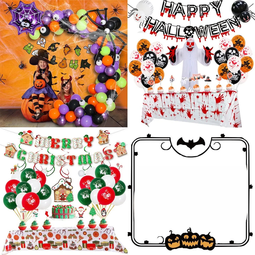 Halloween spider balloon arch combo with white and black skull and pumpkin latex balloons