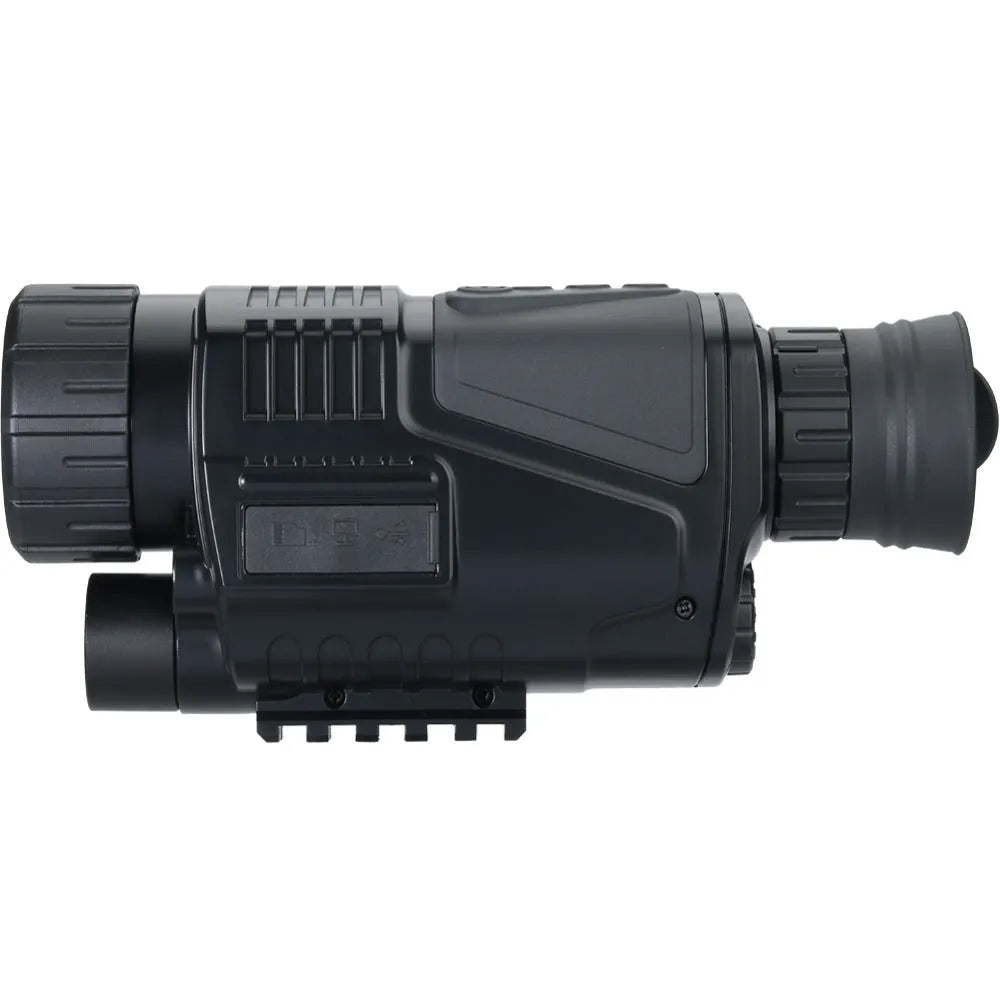 Compact black infrared digital night vision telescope with 40mm lens on a table with its storage bag and cables.
