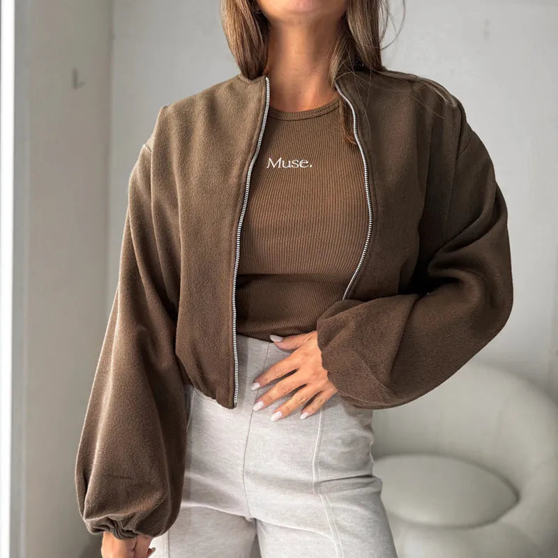 Women's loose-fitting off-shoulder coat with lantern sleeves in brown, showing front view.