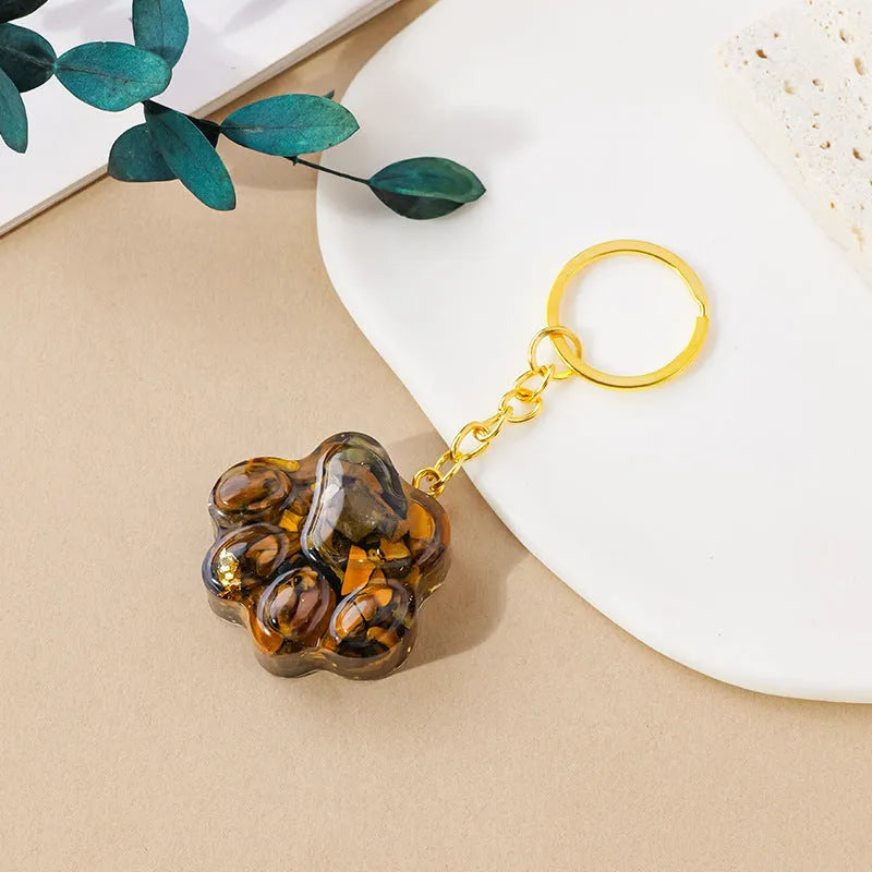 Natural crystal cat's paw keychain with small pendant and gemstone beads