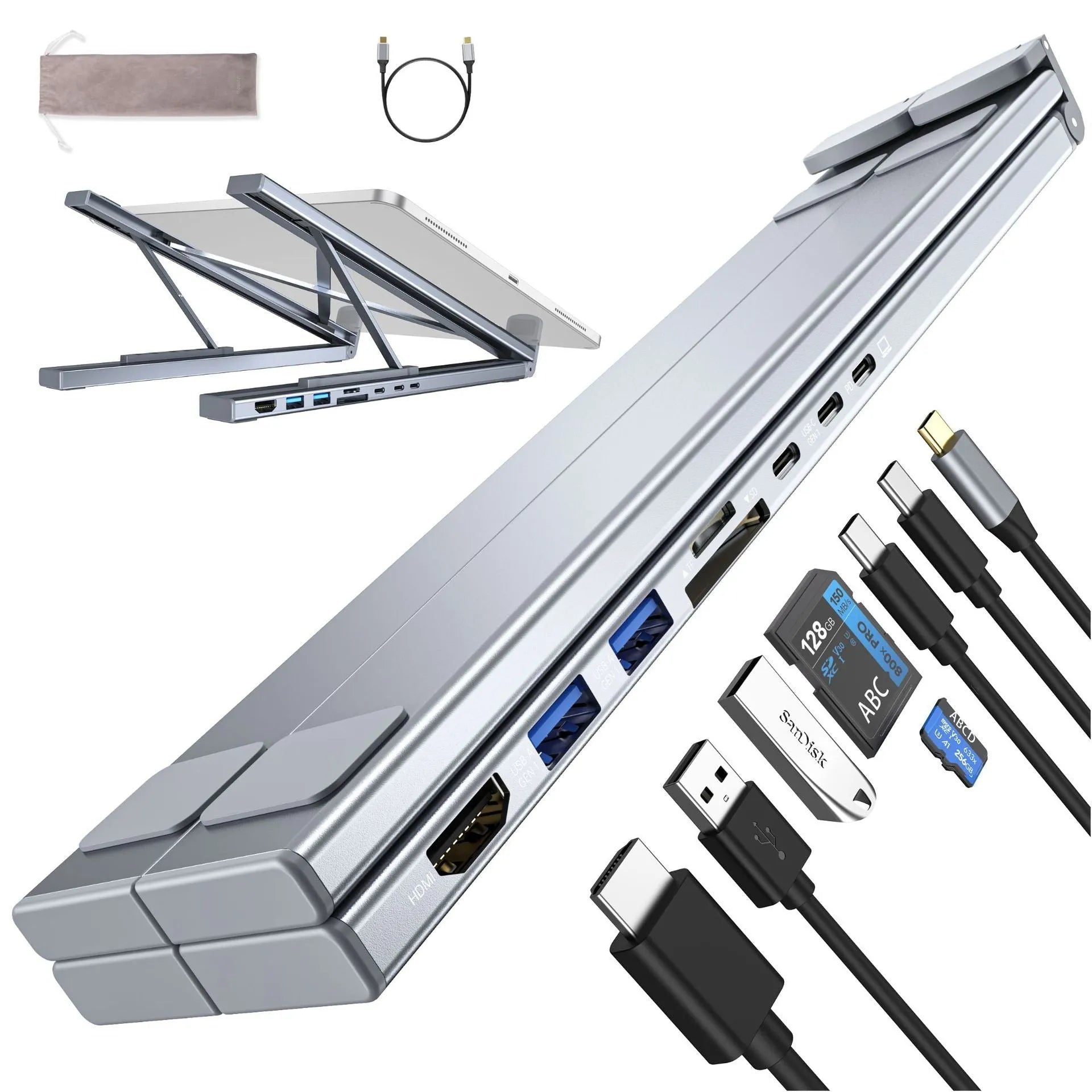 Aluminium alloy folding laptop docking station with multiple USB and HDMI ports