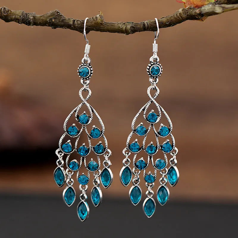 Retro alloy drop earrings with long crystal fringe in Smart Water Drop Purple colour