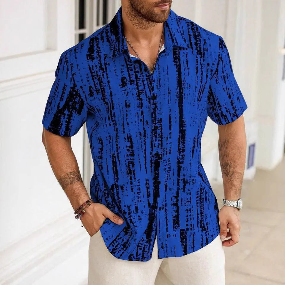 Men's 3D printed stripe pattern short sleeve shirt in polyester fabric