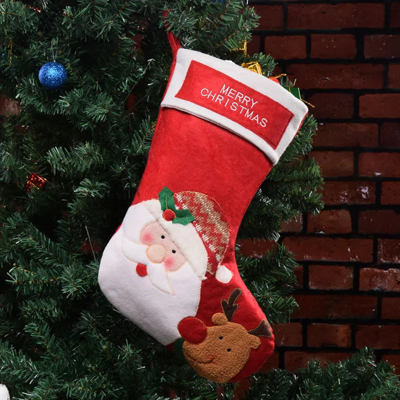 Non-woven fabric Christmas stocking ornament with elk, elderly man, and snowman folk art designs.