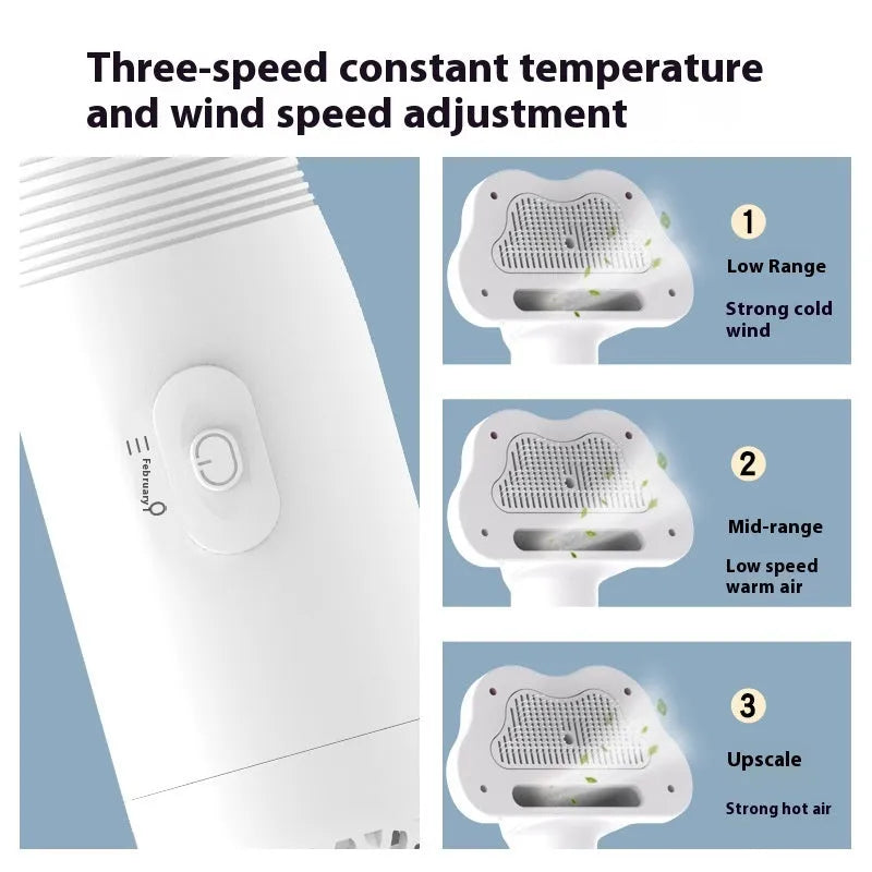 Two-in-one pet electric hot air dryer 600W with one-click hair removal comb in pink and white ABS casing